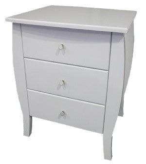 SLEIGH (AUSSIE MADE) BEDSIDE WITH 3 DRAWERS AND STANDARD WOODEN KNOBS (NOT AS PICTURED) - ASSORTED COLOURS (VIC ASH AND PINE OPTIONS ALSO AVAILABLE) - CUSTOMISATION AVAILABLE