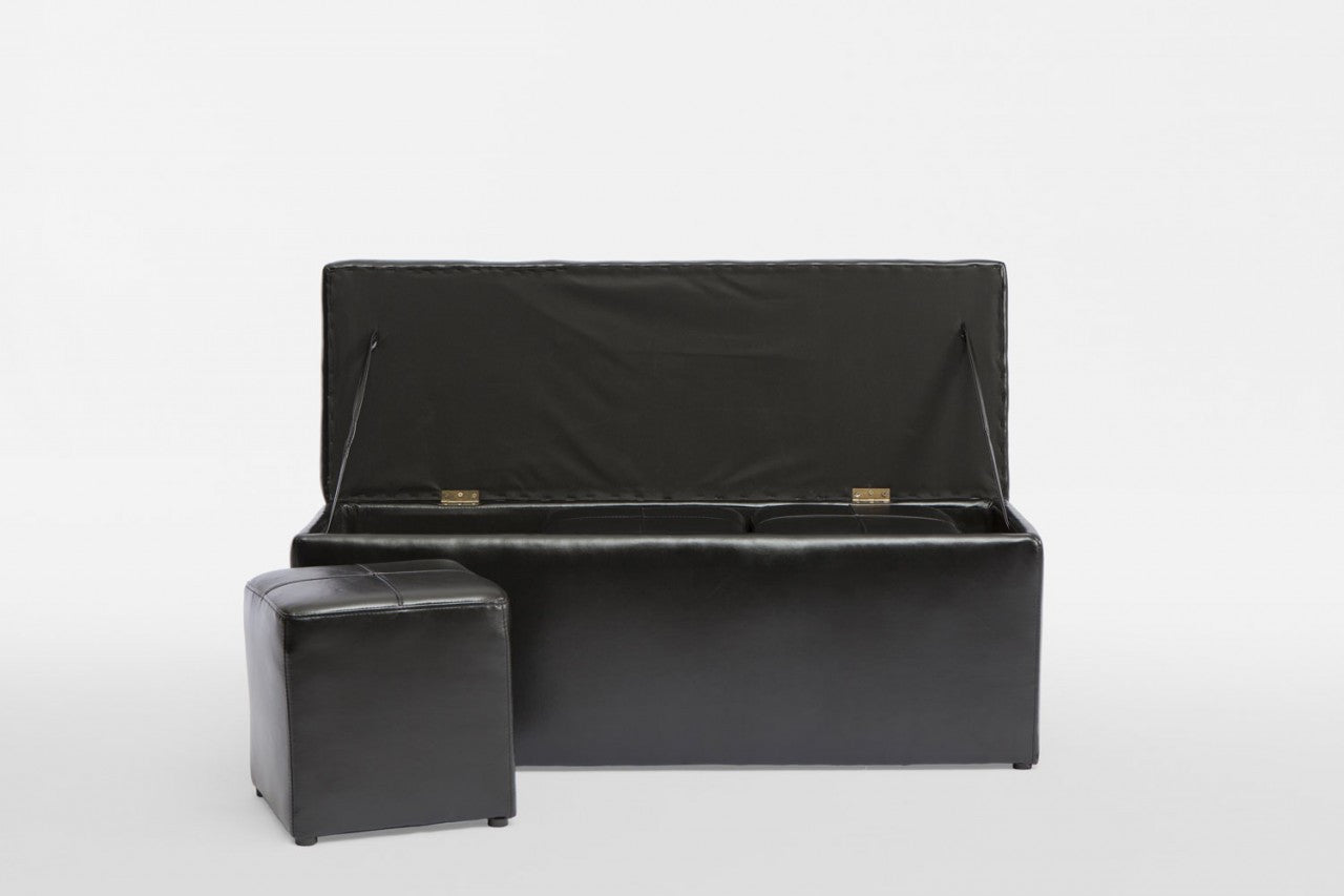LEATHERETTE STORAGE OTTOMAN WITH 3 FOOTSTOOLS - 440(H) x 1170(W) - SHINY BLACK