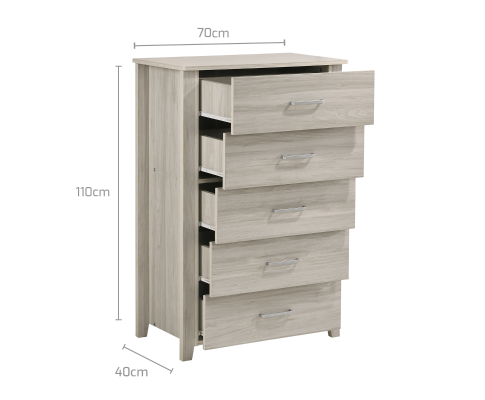 HILTON 5 DRAWER LAMINATED TALLBOY - 1100(H) x 700(W) - WHITE WASHED