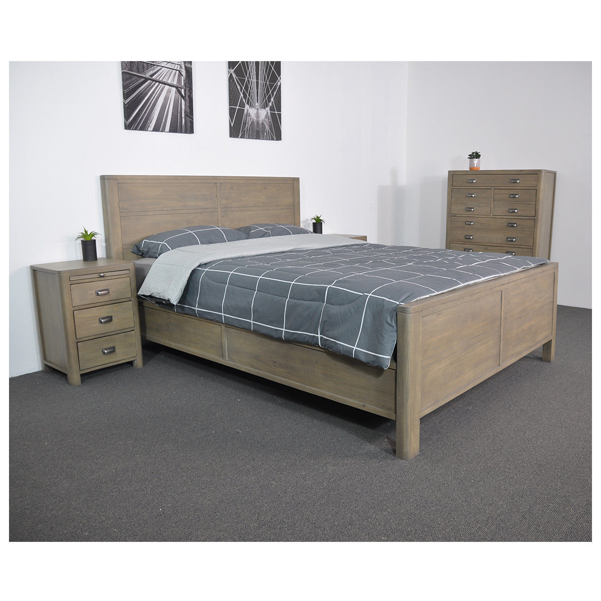 QUEEN TERRENCE RECYCLED TIMBER PANEL BED - WASHED OAK