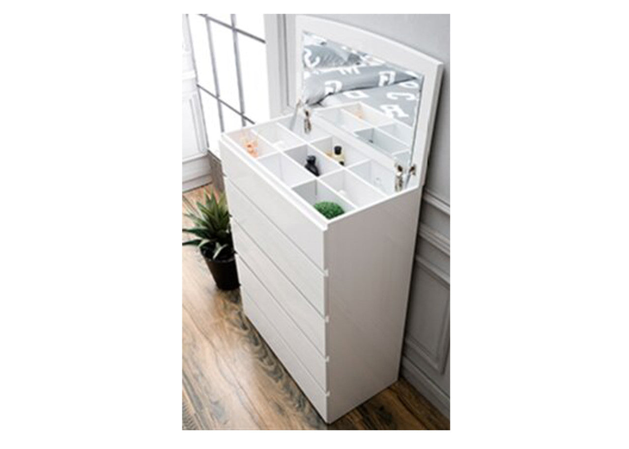ROGAN 5 DRAWER TALLBOY CHEST WITH OPEN MIRROR - (LS 718 TB) - HIGH GLOSS WHITE