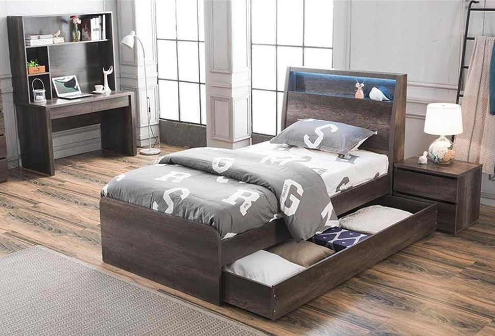 King Single Keswick Bed With Matching King Single Trundle Bed - Charcoal Oak