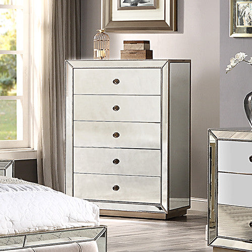 Concepcion Mirrored 5 Drawer Tallboy - Silver