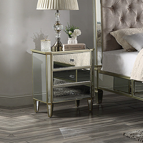 GABBY 3 DRAWER MIRRORED BEDSIDE TABLE - 630(H) x 510(W)  - SILVER