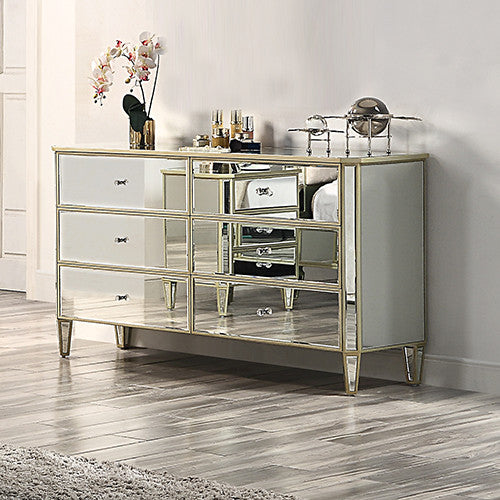 GABBY 6 DRAWER MIRRORED LOWBOY WITH MIRROR - 2040(H) x 1423(W) x 457(D) - SILVER