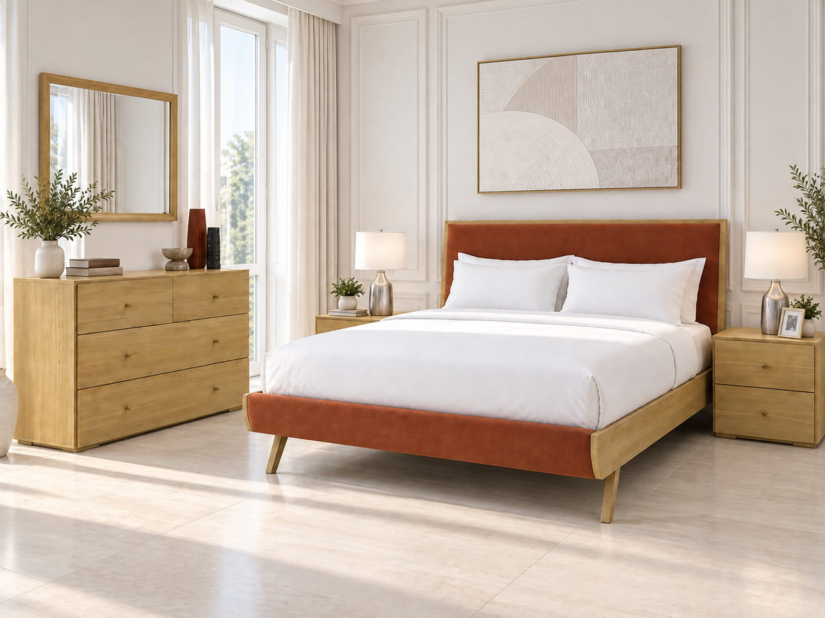 King Demopolis 6 Piece (THE LOT) Bedroom Suite - Natural & Warwick Orange/yellow