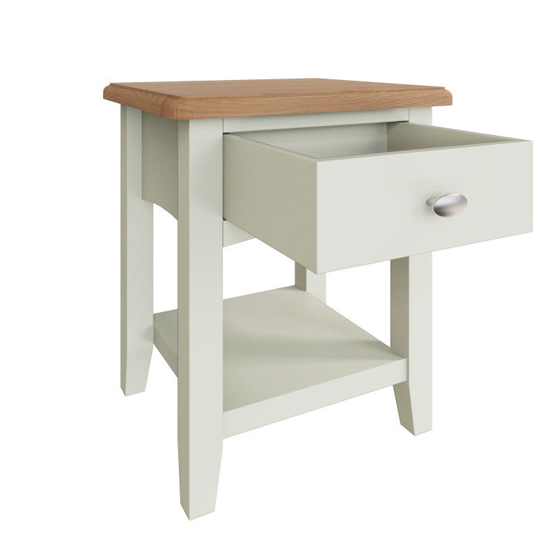EMMETT (GA-LT-W) LAMP TABLE WITH ONE DRAWER - 470(H) x 400(W) x 360(D) - IVORY WHITE / LIGHT OAK (2 TONE)