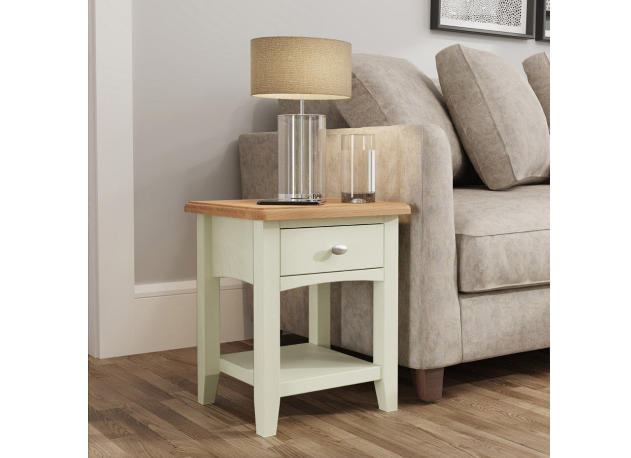 Emmett (GA-LT-W) Lamp Table With One Drawer - 470(H) X 400(W) X 360(D) - Ivory White / Light Oak (2 TONE)