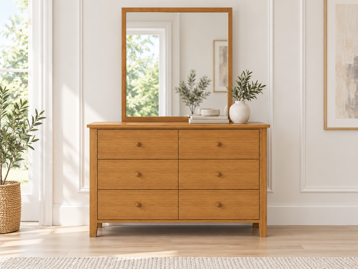 Cronulla (AUSSIE MADE) 6 Drawer Dressing Table With Mirror - Tassie Oak Combination - Assorted Colours