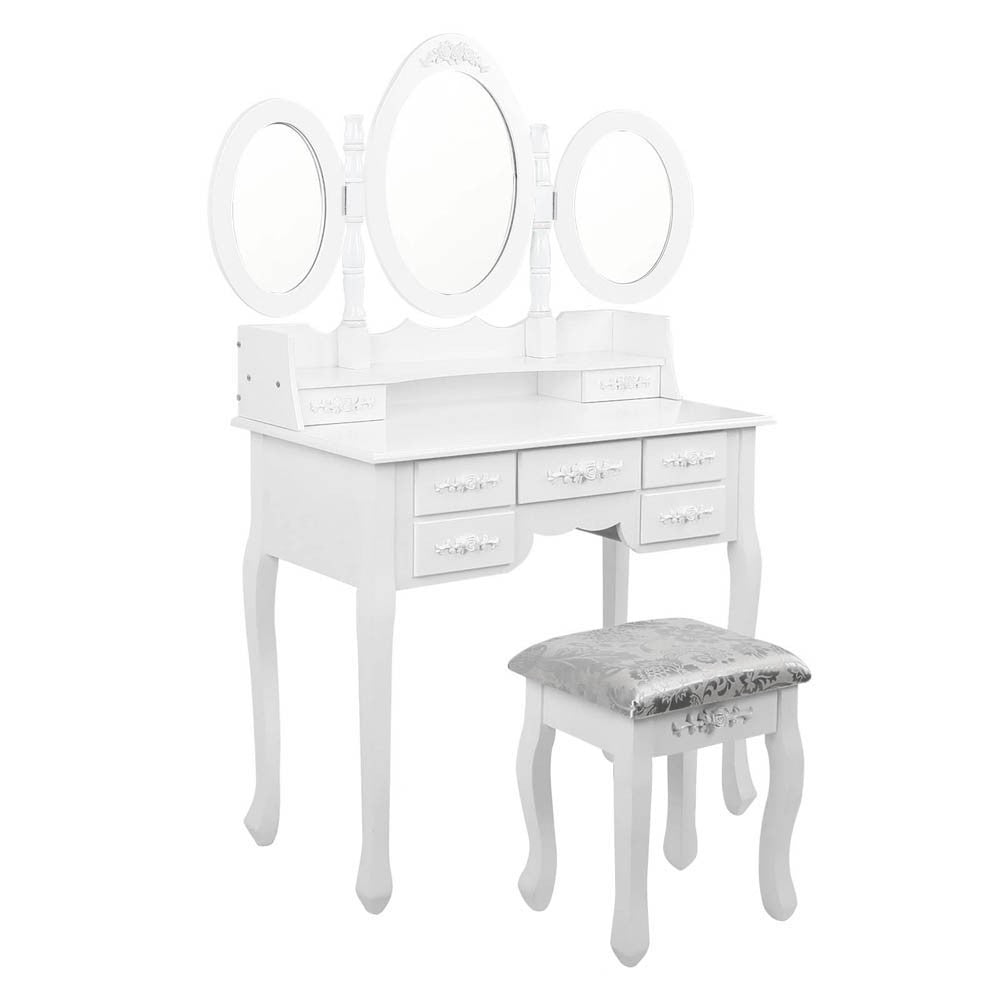 Erin Luxury Dressing Table With Mirror & Stool With 7 Drawers (DRESS-TAB-7D-AB) - Fully Assembled Model - (MODEL 5-12-12-1) - 1460(H) X 1020(W) - White