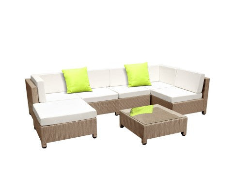 Domino 7 Pcs Brown Wicker Rattan 6 Seater Outdoor Lounge Set Beige