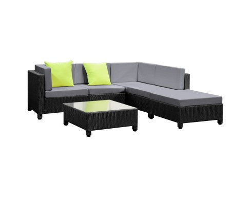Domino 6 Piece Black Wicker Rattan 5 Seater Outdoor Lounge Set Grey
