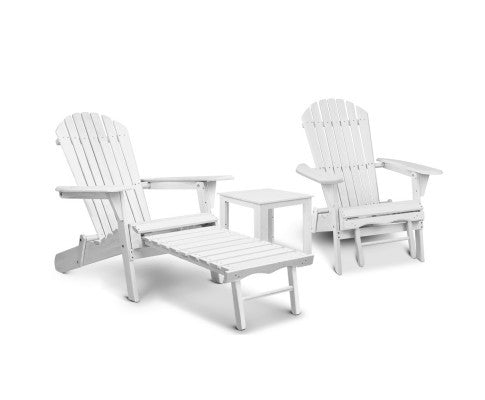 Orbits 3 Piece Outdoor Wooden Beach Chair And Side Table Set With Slide-out Footstool - White