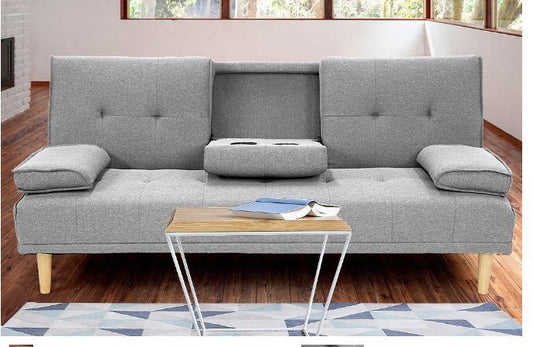 GLADYS 3 SEATER FABRIC SOFA BED WITH CUP HOLDERS - LIGHT GREY