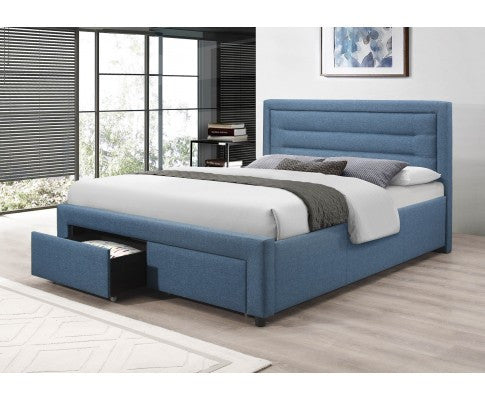 QUEEN SARZ FABRIC UPHOLSTERED BED FRAME WITH 2 STORAGE  FOOTEND DRAWERS - LIGHT BLUE