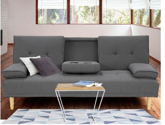 GLADYS 3 SEATER FABRIC SOFA BED WITH CUP HOLDERS - DARK GREY