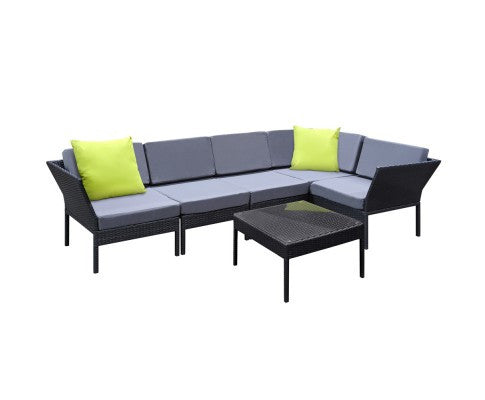 Niel Stackable 6 Pcs Black Wicker Rattan 5 Seater Outdoor Lounge Set Grey
