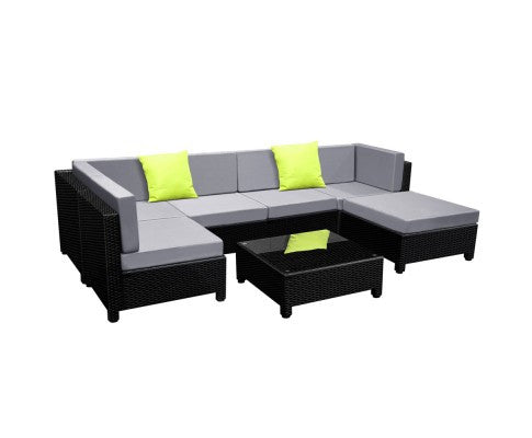 Domino 7 Pcs Black Wicker Rattan 6 Seater Outdoor Lounge Set Grey