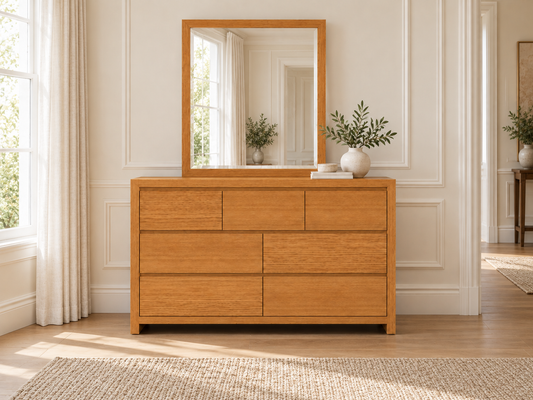 Morgan (AUSSIE MADE) 6 Drawer Dressing Table With Mirror - Blackwood Or American Oak