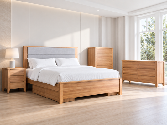 Queen Alvair Timber Bed With Underbed Drawers - Solid Ash