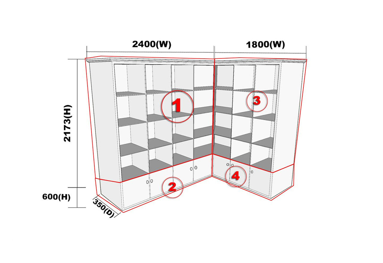 L Shape Aussie Made 7 Doors Bookcase - 2100(H) X 2400/1800(W) X 290(D) - Assorted Stained Colours