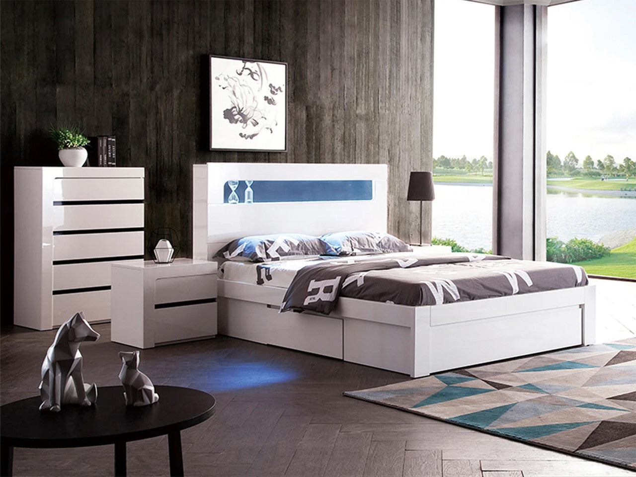 Queen Bexley Bed With LED Light & Storage Options (LS 708 Q) - Gloss White / Charcoal