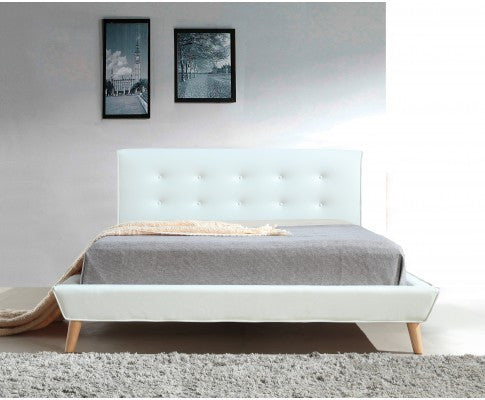 DELUXE QUEEN LEATHERETTE BED FRAME WITH TUFTED HEADBOARD - WHITE