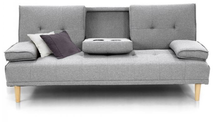 GLADYS 3 SEATER FABRIC SOFA BED WITH CUP HOLDERS - LIGHT GREY