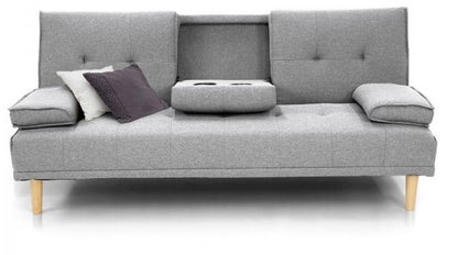 GLADYS 3 SEATER FABRIC SOFA BED WITH CUP HOLDERS - LIGHT GREY