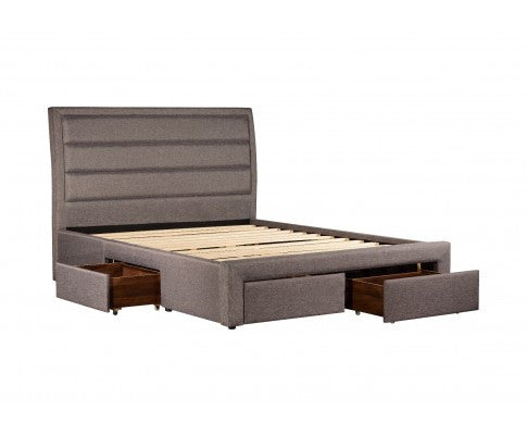 QUEEN NEPTUNE FABRIC UPHOLSTERED BED FRAME WITH 4 STORAGE  FOOTEND DRAWERS - GREY