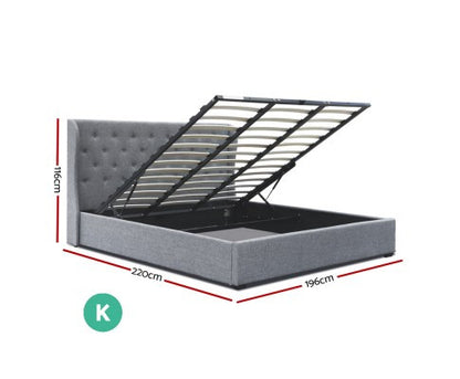 KING ISSA (MODEL:9-19-19-1) FABRIC GAS LIFT STORAGE BED FRAME WITH TUFTED HEADBOARD - GREY