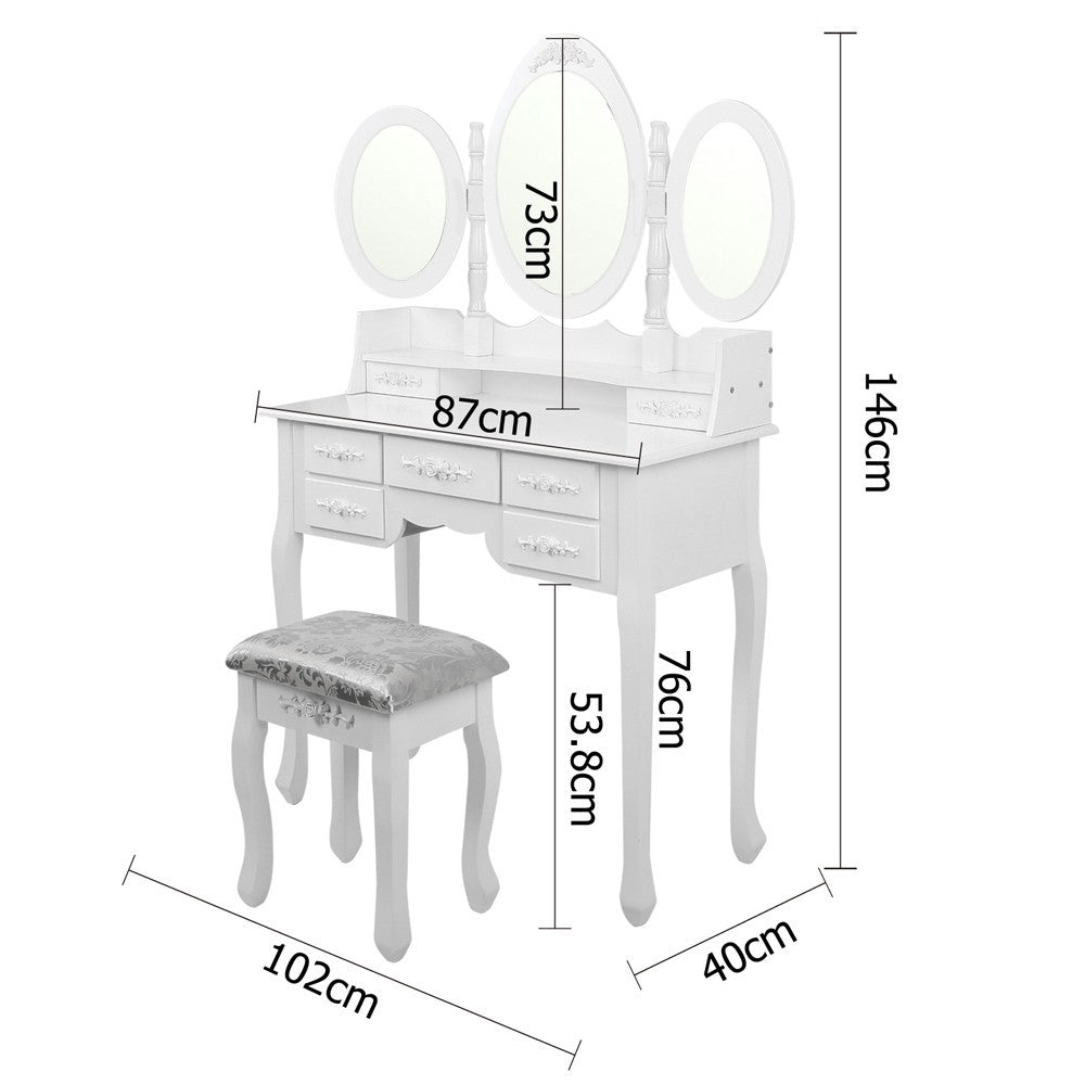 ERIN LUXURY DRESSING TABLE WITH MIRROR & STOOL WITH 7 DRAWERS (DRESS-TAB-7D-AB) - FULLY ASSEMBLED MODEL - (MODEL 5-12-12-1) - 1460(H) X 1020(W) - WHITE
