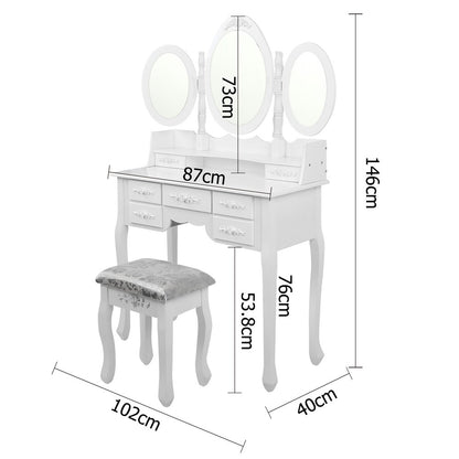 ERIN LUXURY DRESSING TABLE WITH MIRROR & STOOL WITH 7 DRAWERS (DRESS-TAB-7D-AB) - FULLY ASSEMBLED MODEL - (MODEL 5-12-12-1) - 1460(H) X 1020(W) - WHITE