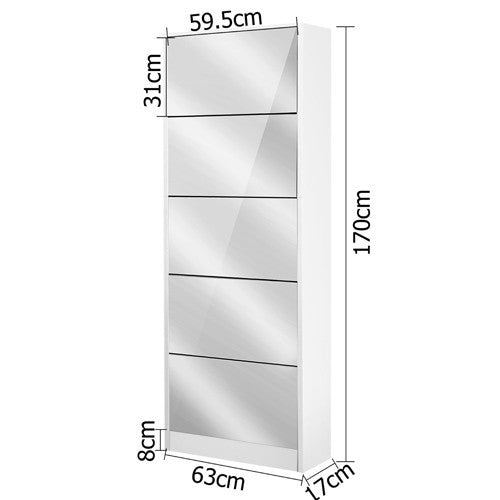 LENNY MIRRORED SHOE CABINET WITH WITH 5 DRAWER STORAGE 1700(H) x 630(W) - WHITE