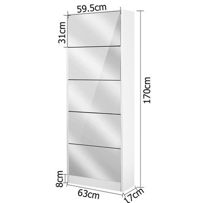 LENNY MIRRORED SHOE CABINET WITH WITH 5 DRAWER STORAGE 1700(H) x 630(W) - WHITE