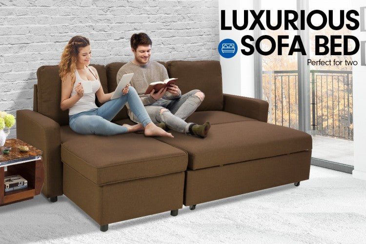 LUMEN  MODULAR  FABRIC SOFA BED WITH STORAGE AND LEFT CHAISE - BROWN