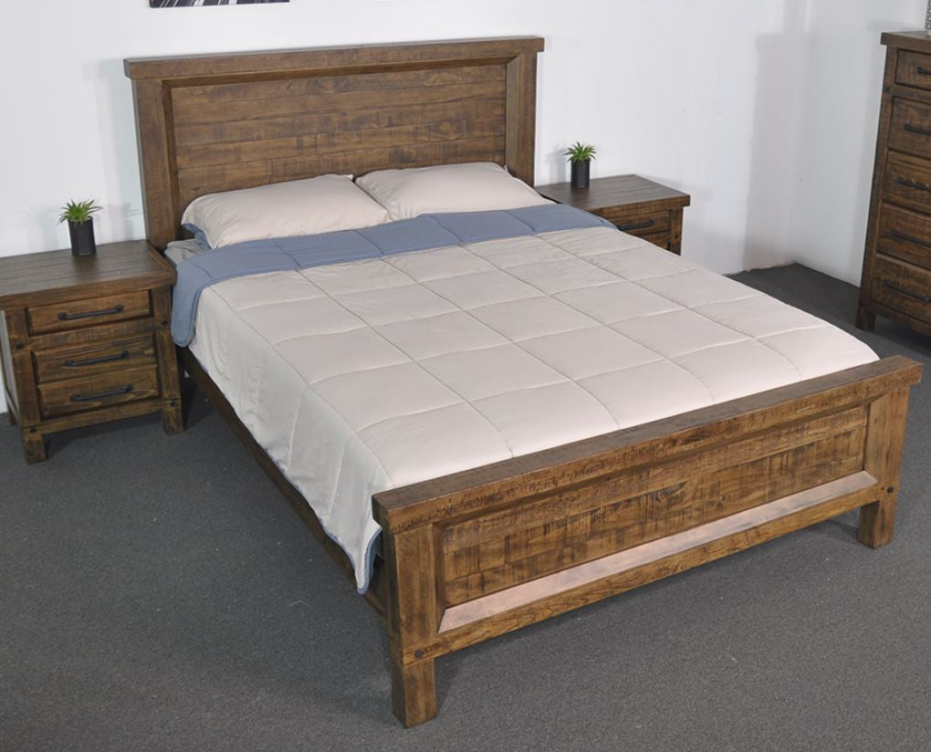 CHRISTINE RECYCLED PINE QUEEN 3 PIECE BEDSIDE  BEDROOM SUITE - AGED ROUGH SAWN