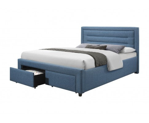 QUEEN SARZ FABRIC UPHOLSTERED BED FRAME WITH 2 STORAGE  FOOTEND DRAWERS - LIGHT BLUE