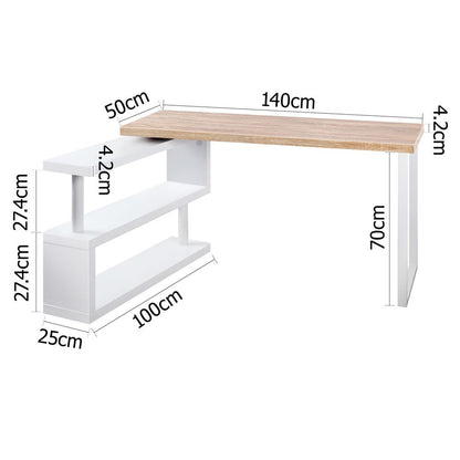 MAYA ROTATABLE OFFICE COMPUTER CORNER TABLE WITH BOOKSHELF  (DESK-CORNER-140) - BROWN /  WHITE