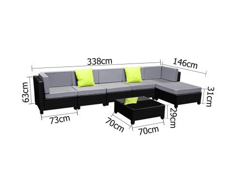 DOMINO 7 PCS BLACK WICKER RATTAN 6 SEATER OUTDOOR LOUNGE SET GREY