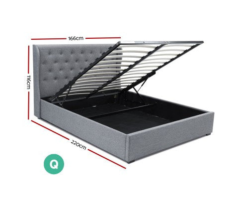 QUEEN VINCI WINGED LINEN FABRIC GAS LIFT STORAGE BED WITH TUFTED HEADBOARD - GREY