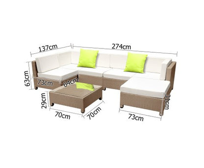 DOMINO 7 PCS BROWN WICKER RATTAN 6 SEATER OUTDOOR LOUNGE SET BEIGE