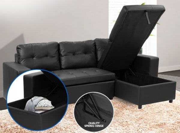 PHALEMIA  LEATHERETTE SOFA LOUNGE WITH CHAISE(RF) - SEPARABLE OTTOMAN - BLACK