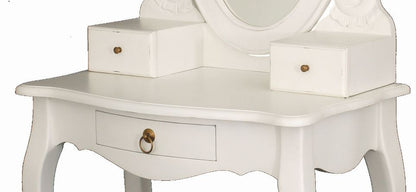 QUEEN ANNA 3 DRAWER SMALL DRESSING TABLE WITH MIRROR & STOOL -  1370(H) x 700(W)  -WHITE