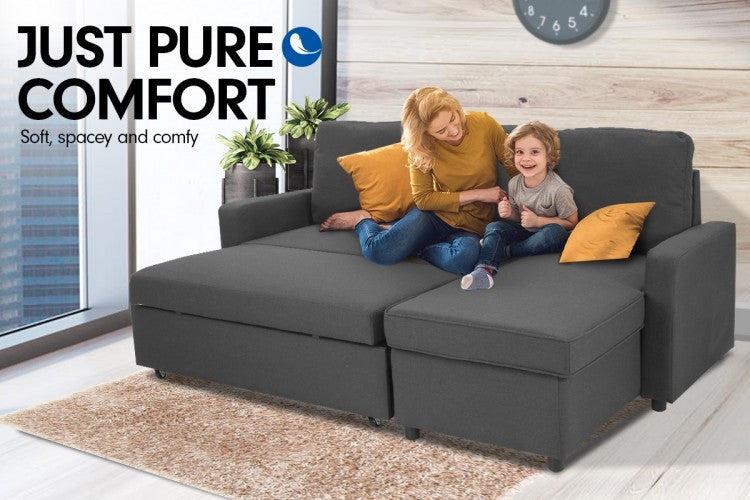 LUMEN  3 SEATER MODULAR  FABRIC SOFA BED WITH STORAGE AND LEFT CHAISE - GREY
