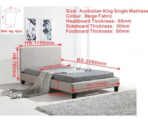 KING SINGLE  MATINO LINEN FABRIC BED FRAME - BEIGE