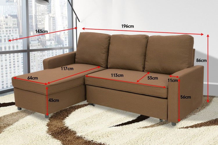 LUMEN  MODULAR  FABRIC SOFA BED WITH STORAGE AND LEFT CHAISE - BROWN