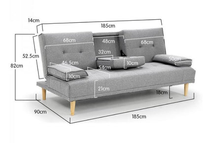 GLADYS 3 SEATER FABRIC SOFA BED WITH CUP HOLDERS - LIGHT GREY