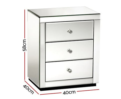 DEVIONA 3 DRAWER MIRRORED BEDSIDE TABLE COLLECTION - SILVER OR SMOKEY GREY