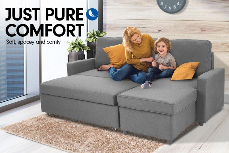 LUMEN  3 SEATER MODULAR FABRIC  SOFA BED WITH STORAGE AND LEFT CHAISE - LIGHT GREY